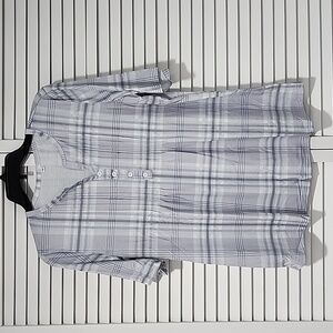 Women's Light And Dark Gray And White Plaid Tunic With Henley Neckline. Medium